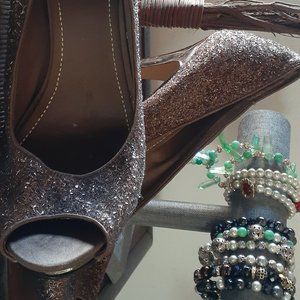 Gold Sequined 3 in Open-toes Heels, Size 10